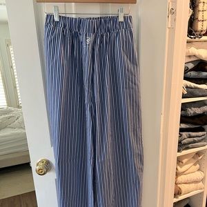 THE FRANKIE SHOP Embroidered Striped Cotton-blend Poplin Wide-leg Pants - Blue